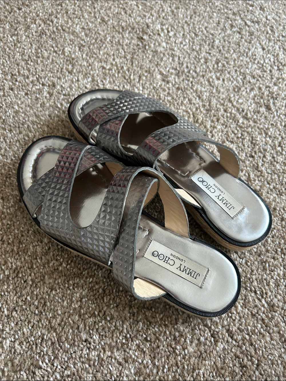 Jimmy Choo Metallic Silver Pyramid-Textured Slide Mules